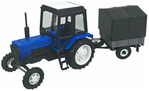 Коллекционная модель, Трактор МТЗ-82, с прицепом, синий, Машинка детская, игрушки для мальчиков, вращение колес, 1:43, размер 15см