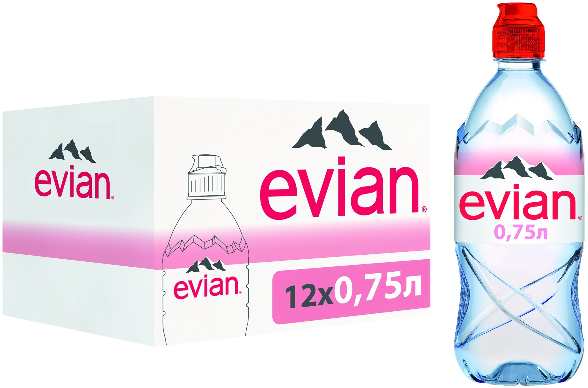 Вода минеральная природная питьевая столовая Evian негазированная, спорт ПЭТ, 12 шт. по 0.75 л