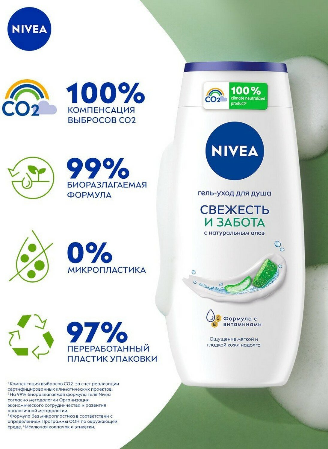 Гель-уход для душа NIVEA "Свежесть и забота" с натуральным алоэ вера, 250 мл.