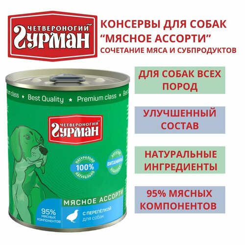 Четвероногий гурман / Консервы для собак мясное ассорти с перепелкой, 3шт по 340г четвероногий гурман консервы для собак мясное ассорти с сердцем 3шт по 340г