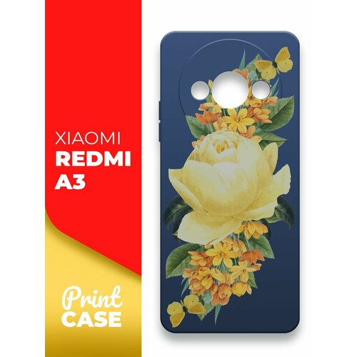 Чехол на Xiaomi Redmi A3 (Ксиоми Редми А3) синий матовый силиконовый с защитой (бортиком) вокруг камер, Miuko (принт) Желтые Розы чехол на xiaomi redmi a3 ксиоми редми а3 черный матовый силиконовый с защитой бортиком вокруг камер miuko принт розовые розы