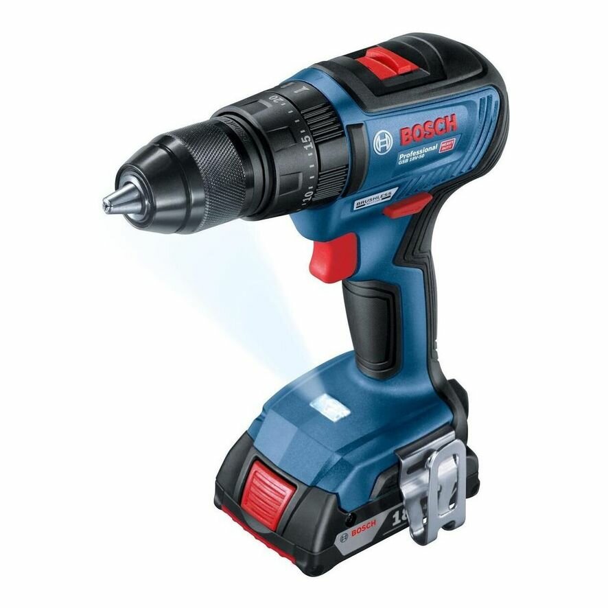 Аккумуляторная ударная дрель-шуруповёрт Bosch GSB 18V-50, 18 В, 27000 уд/мин, с 2 АКБ 2 Ач и ЗУ, в кейсе, 0 601 9H5 100