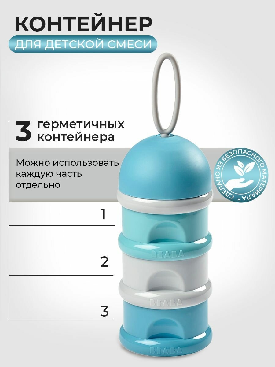 BEABA контейнер для детского питания, сыпучих смесей и снеков, контейнер для смеси детской, порционный 3 секции, дозатор молочного питания пищевой