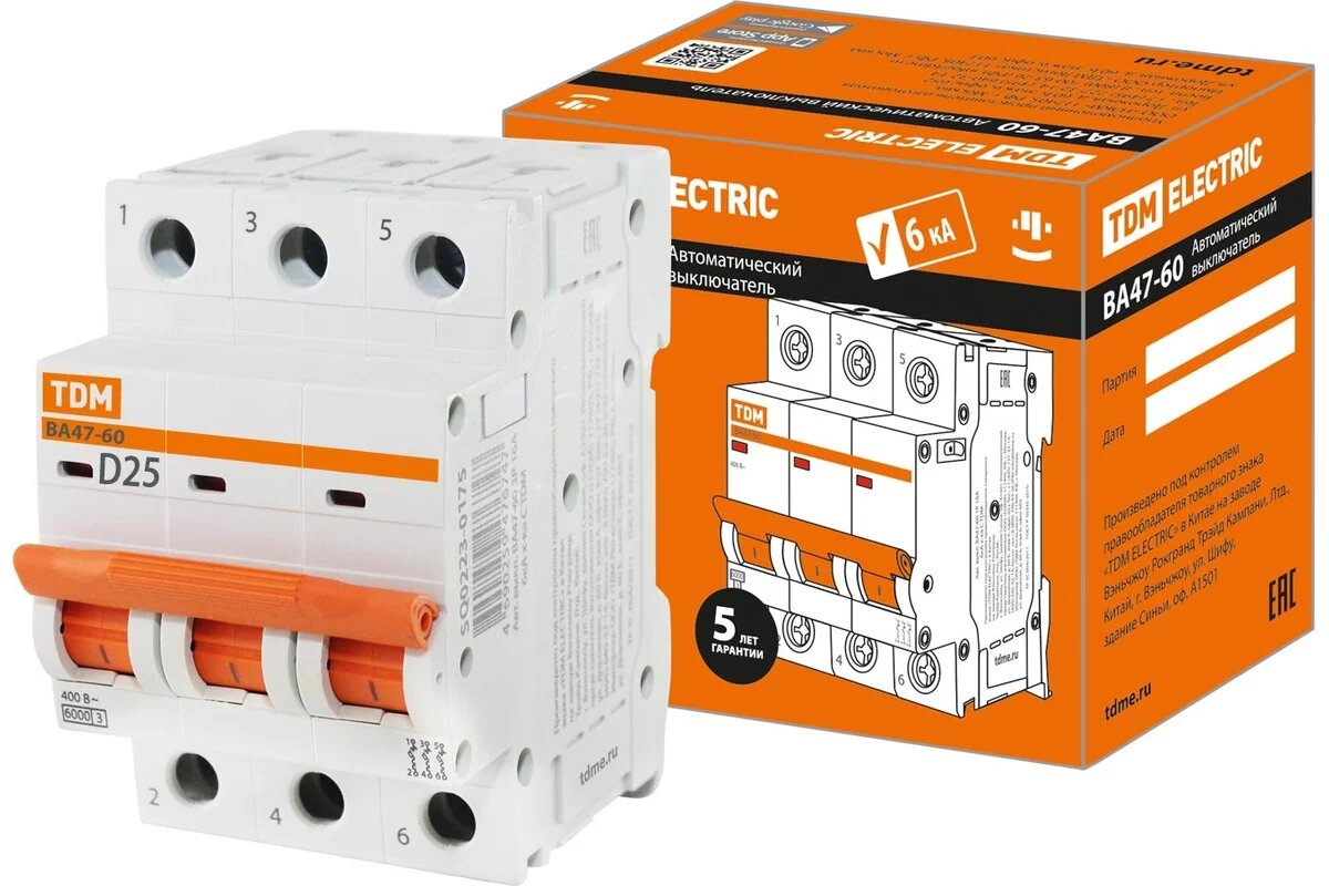 Автоматический выключатель TDM ВА47-60 3Р 25А 6кА характеристика D SQ0223-0175
