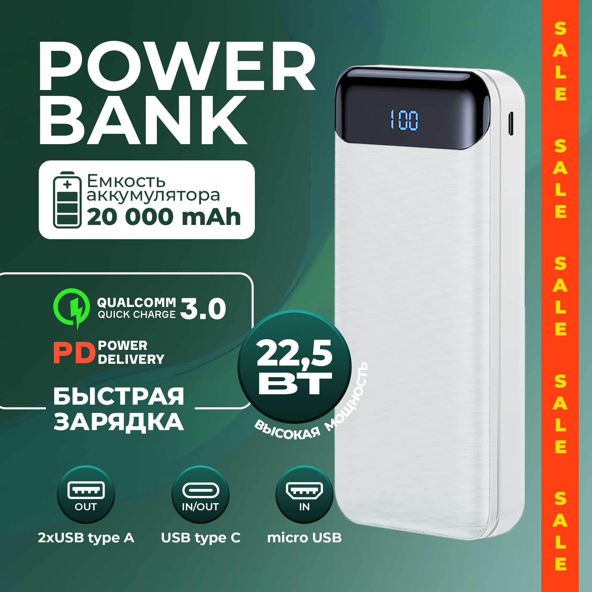 Повербанк 20000mah с быстрой зарядкой, пауэр банк, внешний аккумулятор для телефона iPhone, Samsung, power bank, белый