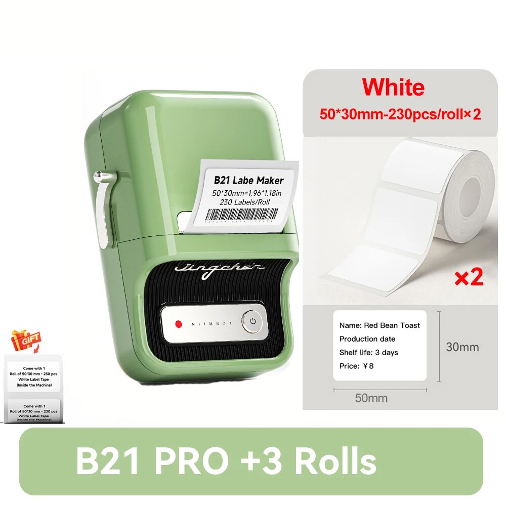 Niimbot B21 Pro карманный принтер этикеток, Green -50x30-2roll