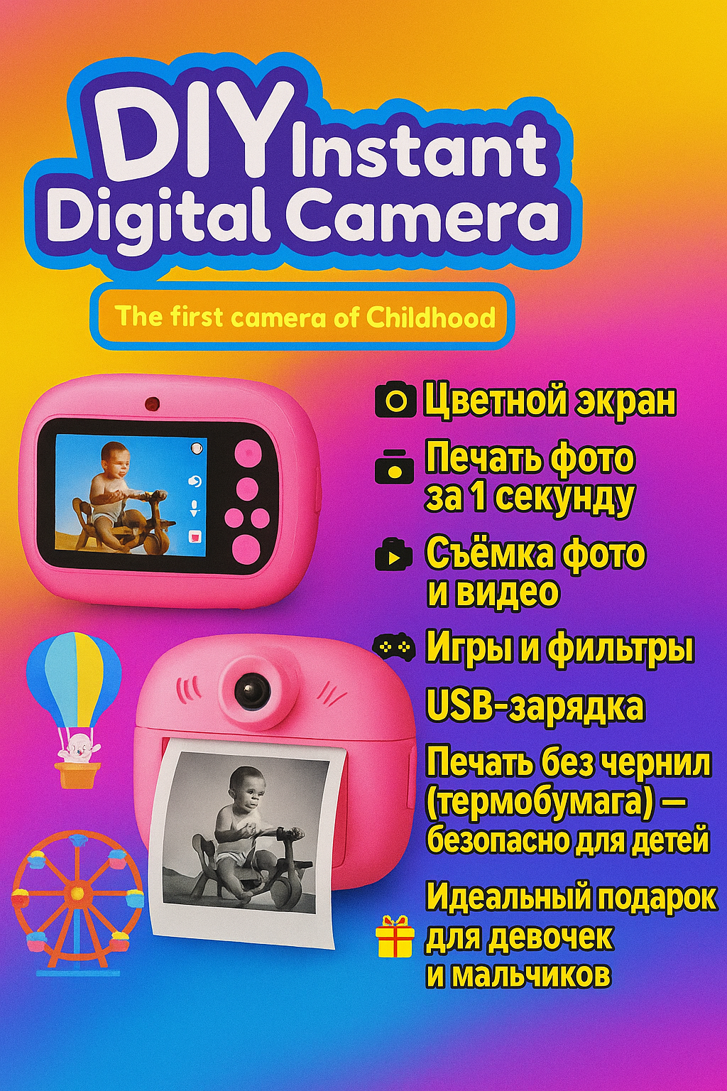 Детский фотоаппарат с мгновенной печатью (purple)