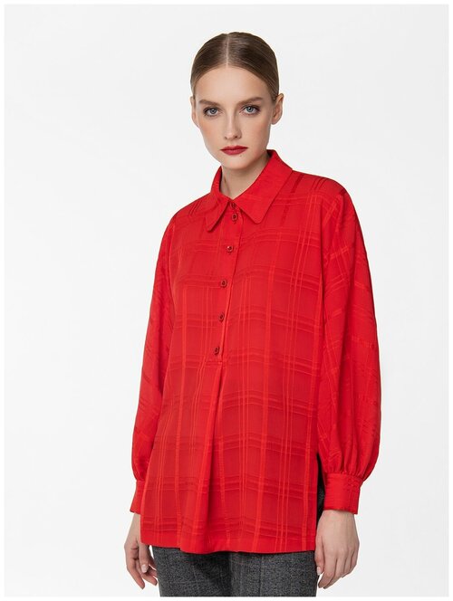 Блуза  Lo, классический стиль, прямой силуэт, длинный рукав, в клетку, размер 44, красный