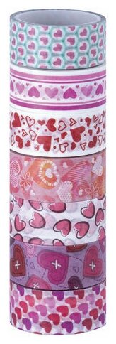Клейкие WASHI-ленты для декора "сердца", 15 мм х 3 м, 7 цветов, рисовая бумага, остров сокровищ, 661708