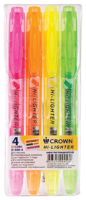 Набор маркеров-текстовыделителей Crown Multi Hi-Lighter (1-4мм, 4 цвета) 4шт. (H-500-4), 36 уп.