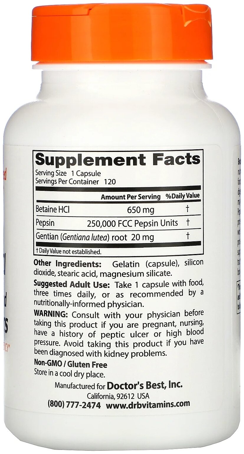 Капсулы Doctor's Best Betaine HCL Pepsin and Gentian Bitters, 100 г, 120 шт.