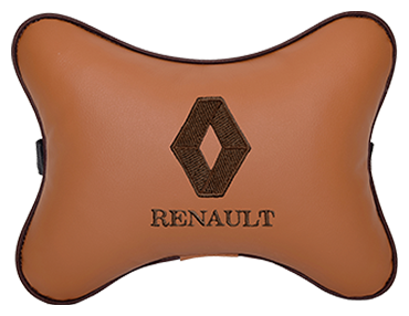 Автомобильная подушка на подголовник экокожа Fox (коричневый) с логотипом автомобиля Renault