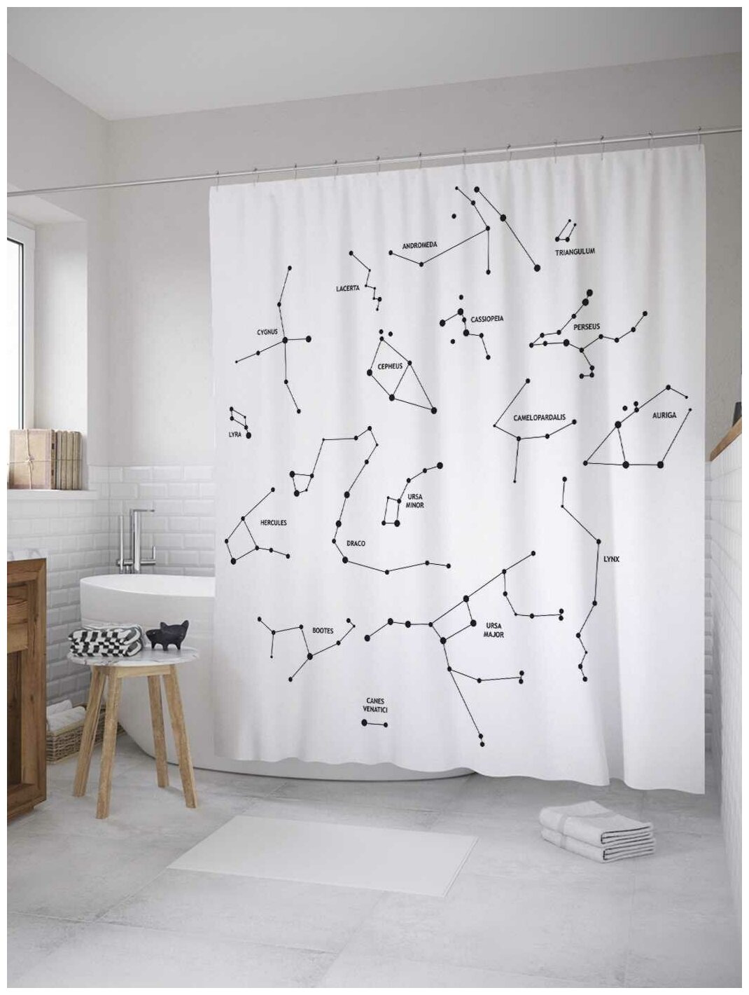 Штора водоотталкивающая для ванной, занавеска в ванную комнату тканевая JoyArty "Карта астронома", 180х200 см