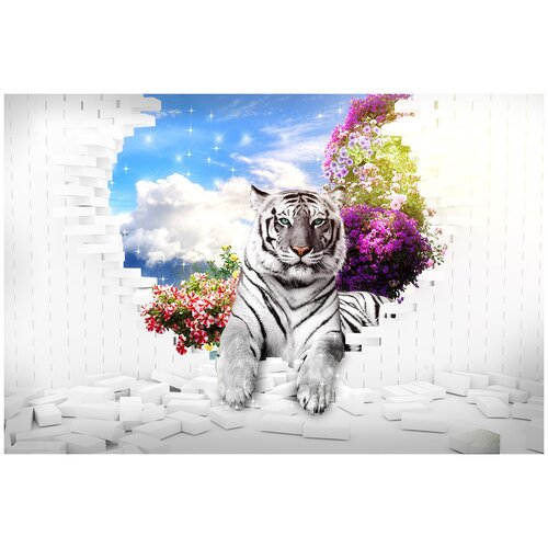 Фотообои Уютная стена Серый тигр в проломленной стене 410х270 см Бесшовные Премиум единым полотном 20920₽