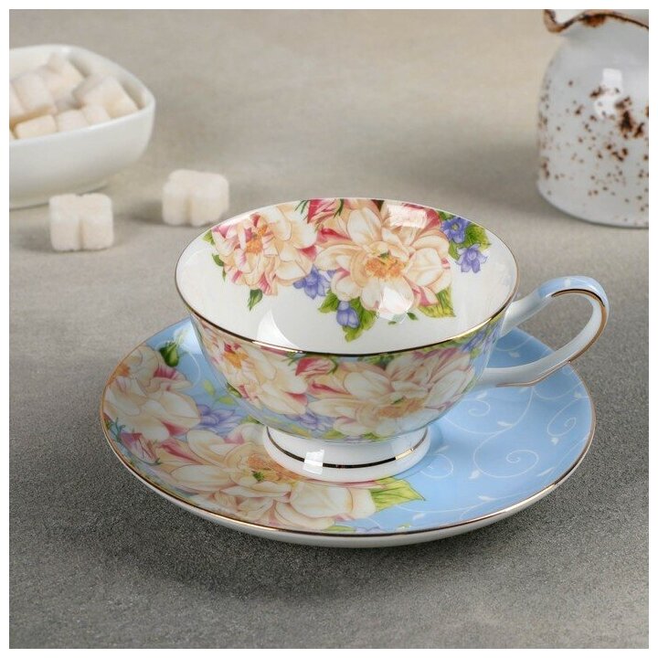 Чайная пара Чайная роза чашка 200 мл 13х10х55 блюдцем 15 см цвет голубой