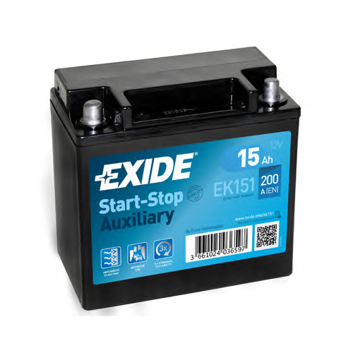 фото Exide ek151 (cx2310c655ac) аккумулятор start&stop auxiliary 12v 14ah 200a 150x90x145 полярность etn1 клемы малый конус креплени