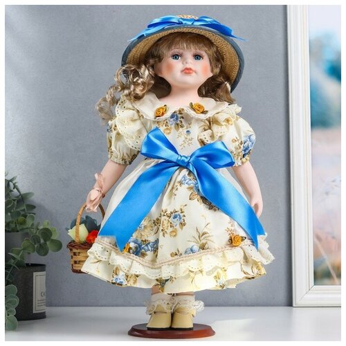 Купить Кукла коллекционная керамика Анфиса в цветочном платье с бантом, с корзиной 40 см, нет бренда