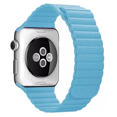 Премиум кожаный ремешок с регулировкой размера на магнитной застежке для Apple Watch Series 1-8 и Ultra - 42/44/45/49 мм (эпл вотч), голубой