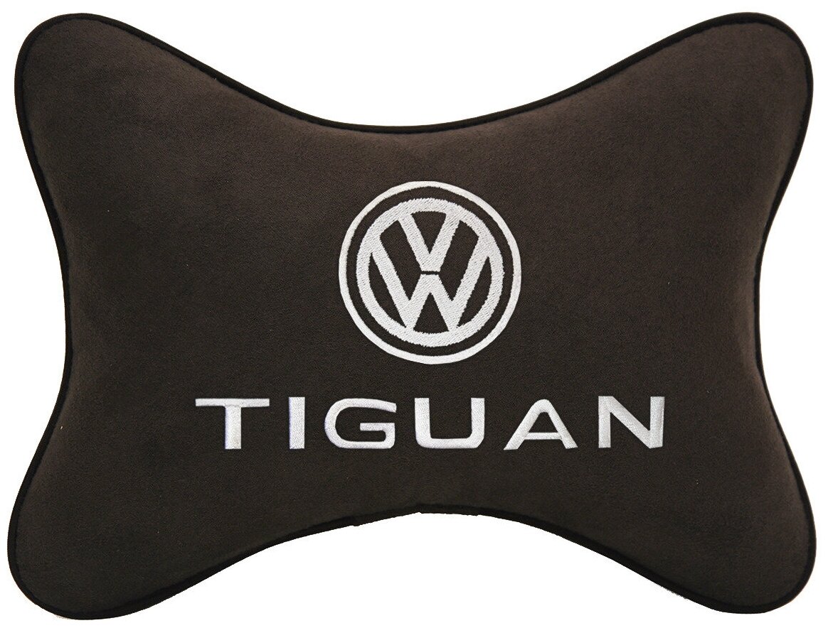 Автомобильная подушка на подголовник алькантара Coffee с логотипом автомобиля VW Tiguan