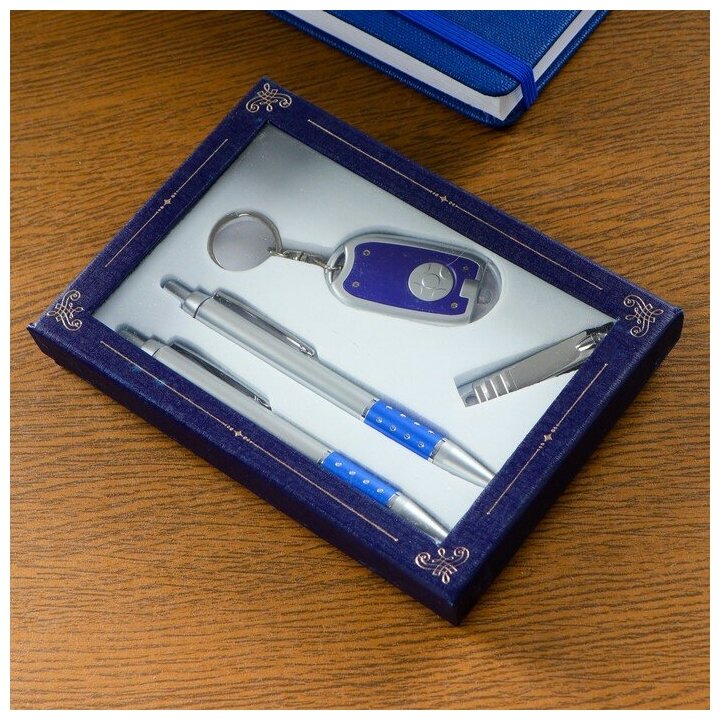 Набор подарочный 4в1 (2 ручки, кусачки, фонарик синий) 594021