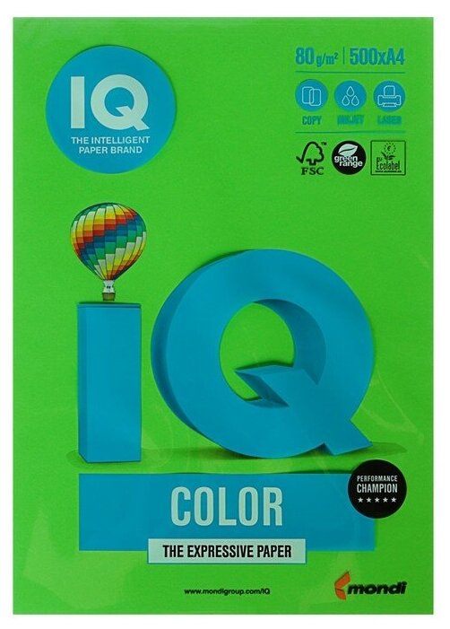Бумага цветная А4 500 л, IQ COLOR, 80 г/м2, зеленый, MA42