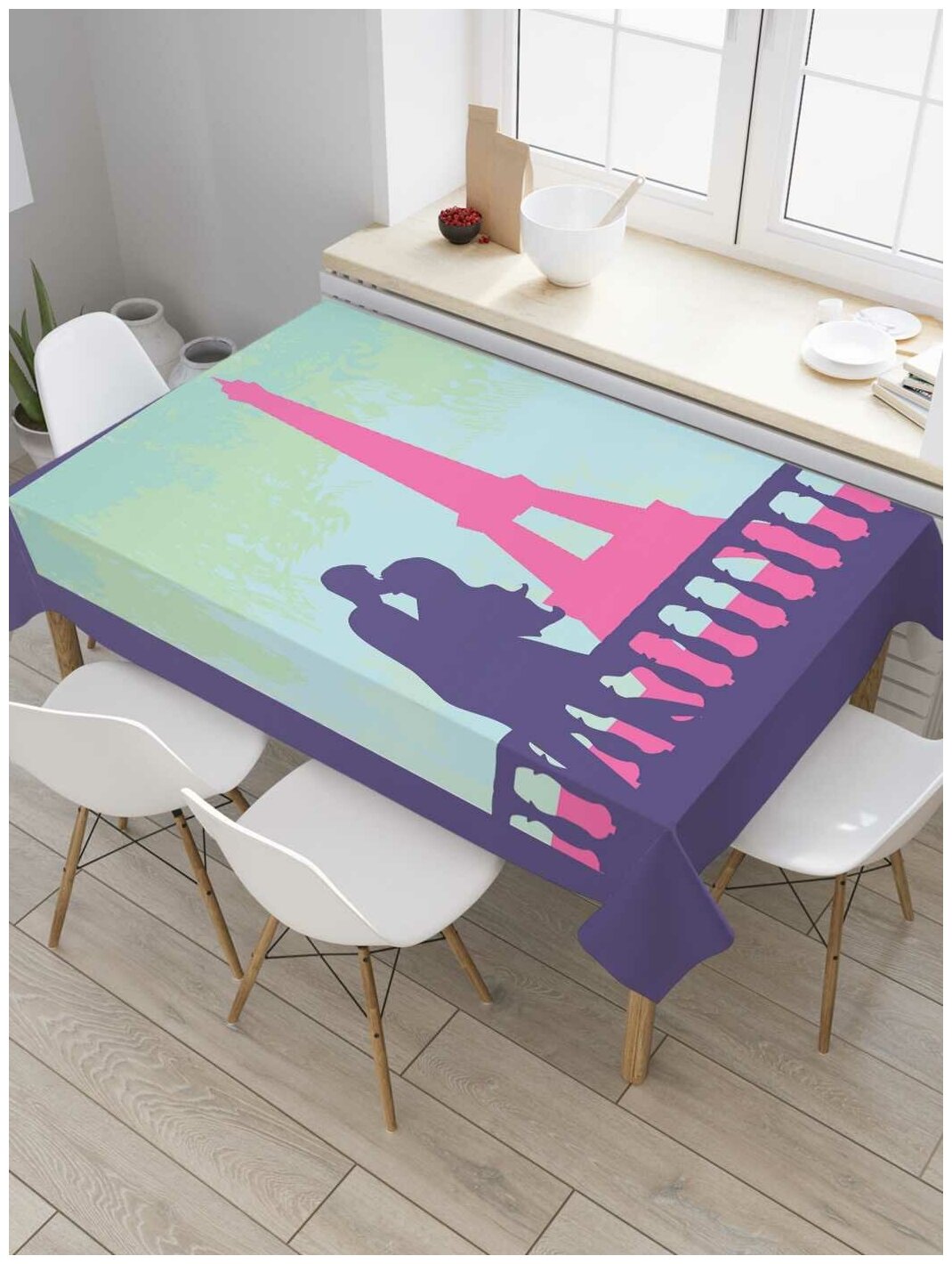 Скатерть прямоугольная JoyArty на кухонный стол "Поцелуй в Париже" из оксфорда, 180x145 см