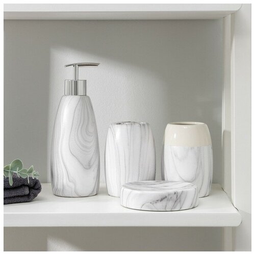 Frau Liebe Набор аксессуаров для ванной комнаты «Мрамор», 4 предмета (дозатор 400 мл, мыльница, 2 стакана), цвет белый
