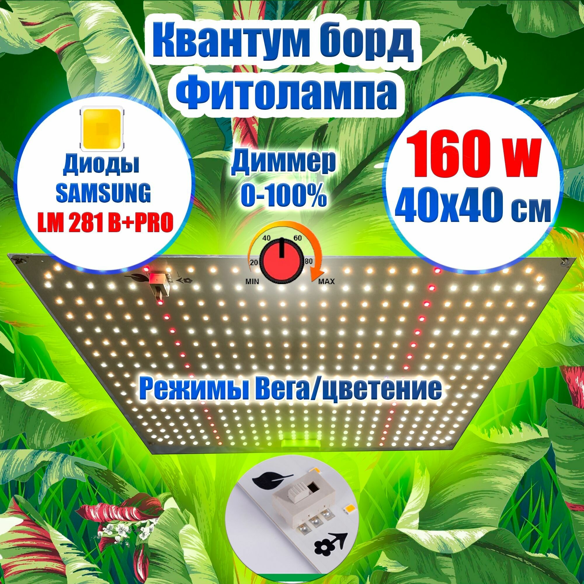 Лампа для растений 40х40 см 150 ватт/ Квантум борд Диоды LM281b+ IR и UV с Диммером/ Фитолампа фитосветильник Режимы вегетация и цветение