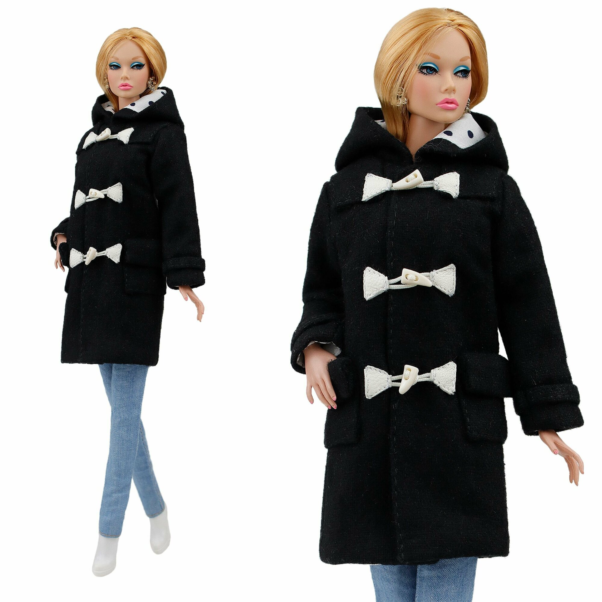 Эксклюзивное пальто-дафлкот чёрного цвета для кукол 29 см. типа барби ограниченного тиража