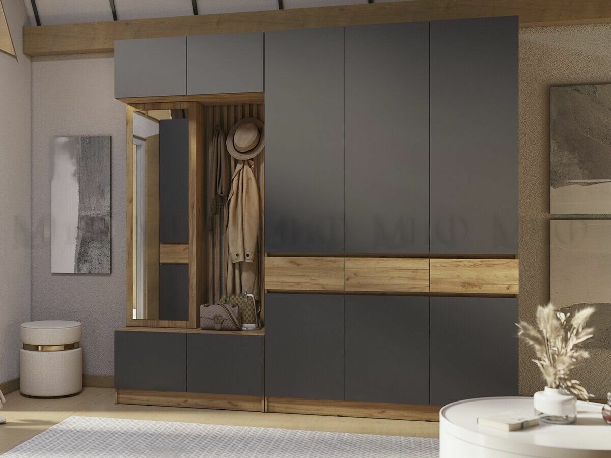 фото Комплект мебели для прихожей Роджина (3-ств. шкаф + прихожая с рейками), 2500х2400х520 мм. Графит/Дуб крафт МИФ.