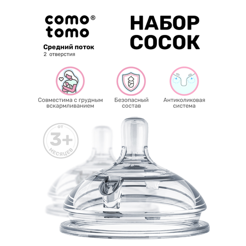 Соска для бутылочек Comotomo Natural Nipple Packs силиконовая набор от 3 мес средний поток