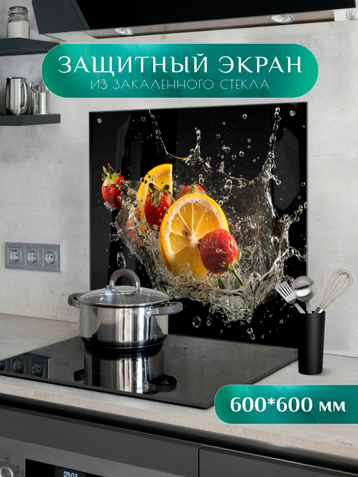 Защитный экран для плиты от брызг "Фрукты 1" 600х600 мм. Стекло для плиты на стену. Закаленное стекло для фартука.