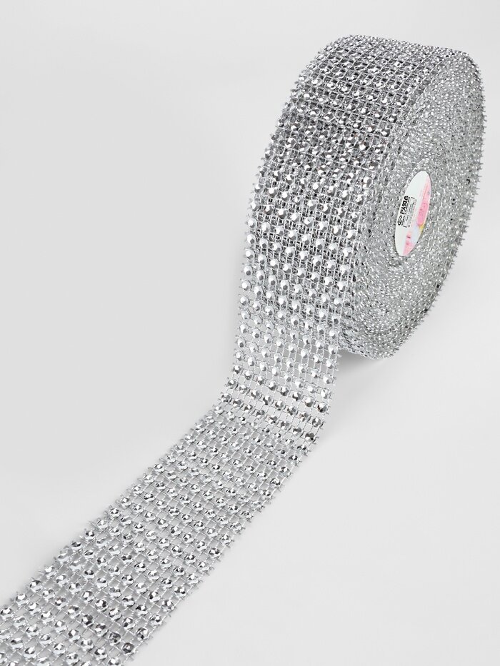 Лента с имитацией страз, 4 см, 9±1 м, цвет серебряный