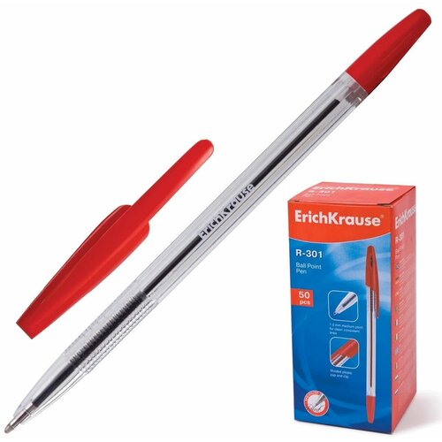 Ручка шариковая Erich Krause R-301 Classic, корпус прозрачный, узел 1 мм, линия 0,5 мм, красная (43186)