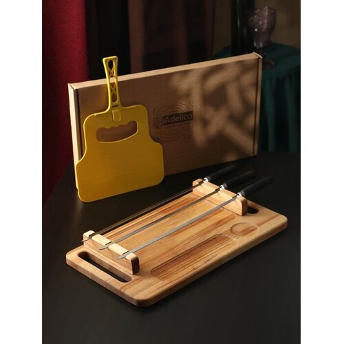Adelica Подарочный набор для подачи шашлыка: доска-тарелка 44×24×5.5 см, шампур 3 шт, опахало, берёза