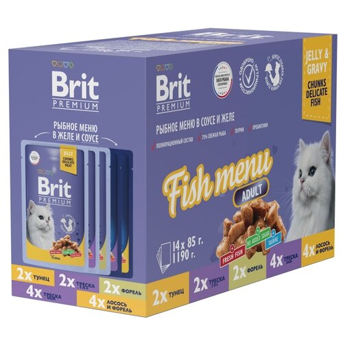 Влажный корм для кошек Brit Premium Рыбное меню в соусе и желе 14 шт. х 85 г (кусочки в желе)
