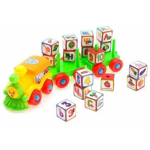 детская игрушка каталка паровозик на веревочке н728 Каталка с кубиками ZABIAKA Умный паровозик, Алфавит, цифры, овощи и фрукты (3685392)
