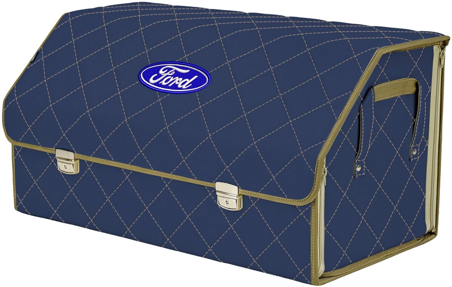 Органайзер-саквояж в багажник "Союз Премиум" (размер XL Plus). Цвет: синий с бежевой прострочкой Ромб и вышивкой Ford (Форд).