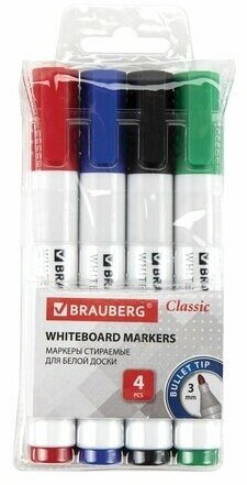 Маркеры стираемые для белой доски набор 4 цвета, BRAUBERG "CLASSIC", 3 мм, с клипом, 152117