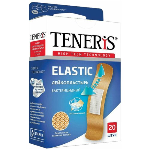 TENERIS Набор пластырей 20 шт. teneris elastic, эластичный, на тканевой основе, бактерицидный с ионами серебра, коробка с европодвесом, 0208-005, 5 шт.