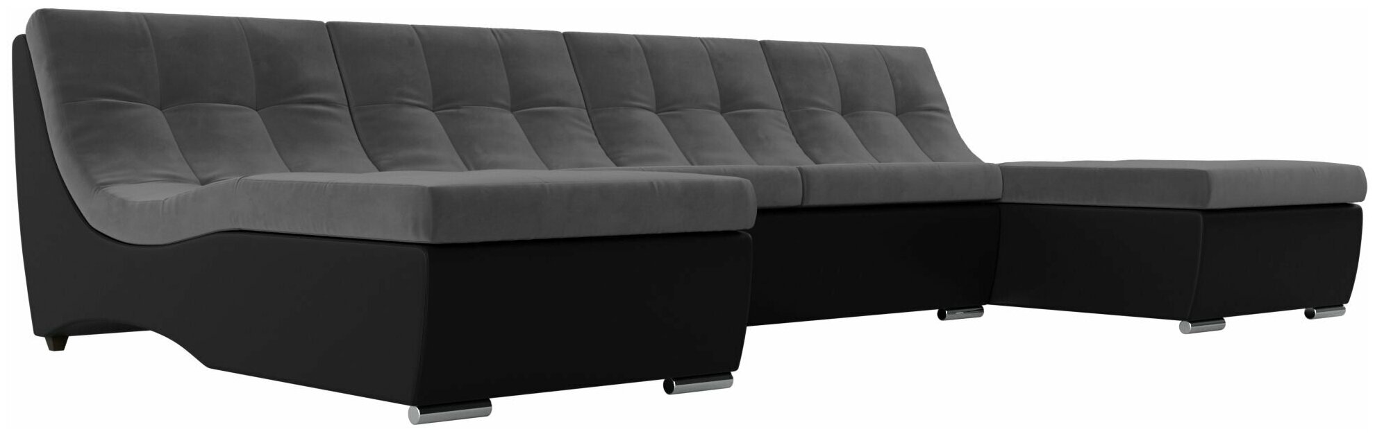 П-образный модульный диван Монреаль, Велюр серый, Экокожа черная
