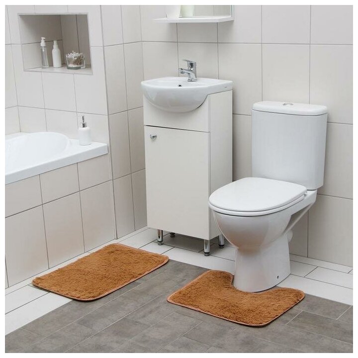 Доляна Набор ковриков для ванной и туалета Доляна «Пушистик», 2 шт, 38×40, 40×60 см, цвет светло-коричневый
