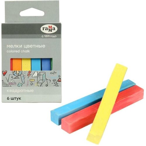 Мелки для рисования , цветные, 6 штук, мягкие, квадратная форма, картонная коробка
