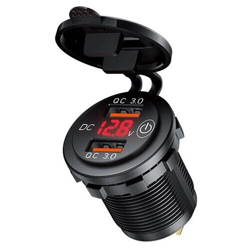 Розетка 2xUSB в прикуриватель встраиваемая (врезная) с быстрой зарядкой и вольтметром RECXON UFC-01, красная подсветка