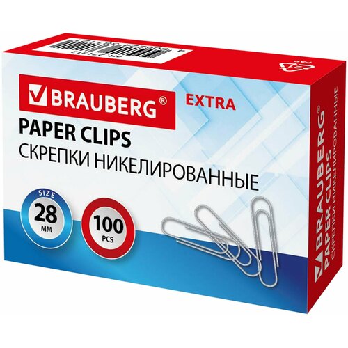 Скрепки EXTRA BRAUBERG 28 мм никелированные 100 штук, 271312