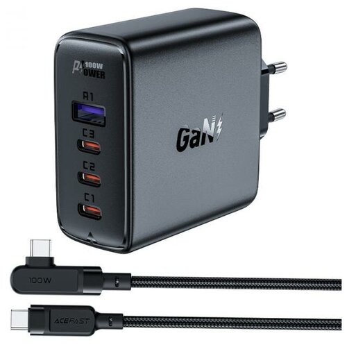 Зарядное устройство ACEFAST A37 PD100W, GaN, 1xUSB-A, 3xUSB-C, черный сетевое быстрое зарядное устройство hoco acefast a21 30w gan single usb c charger eu белое