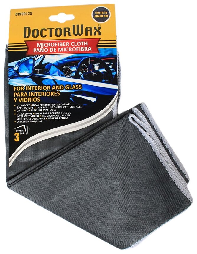 Салфетка микрофибра для стёкол и интерьера 40х40 см 3 шт (DW9912S) "DoctorWax" (США)