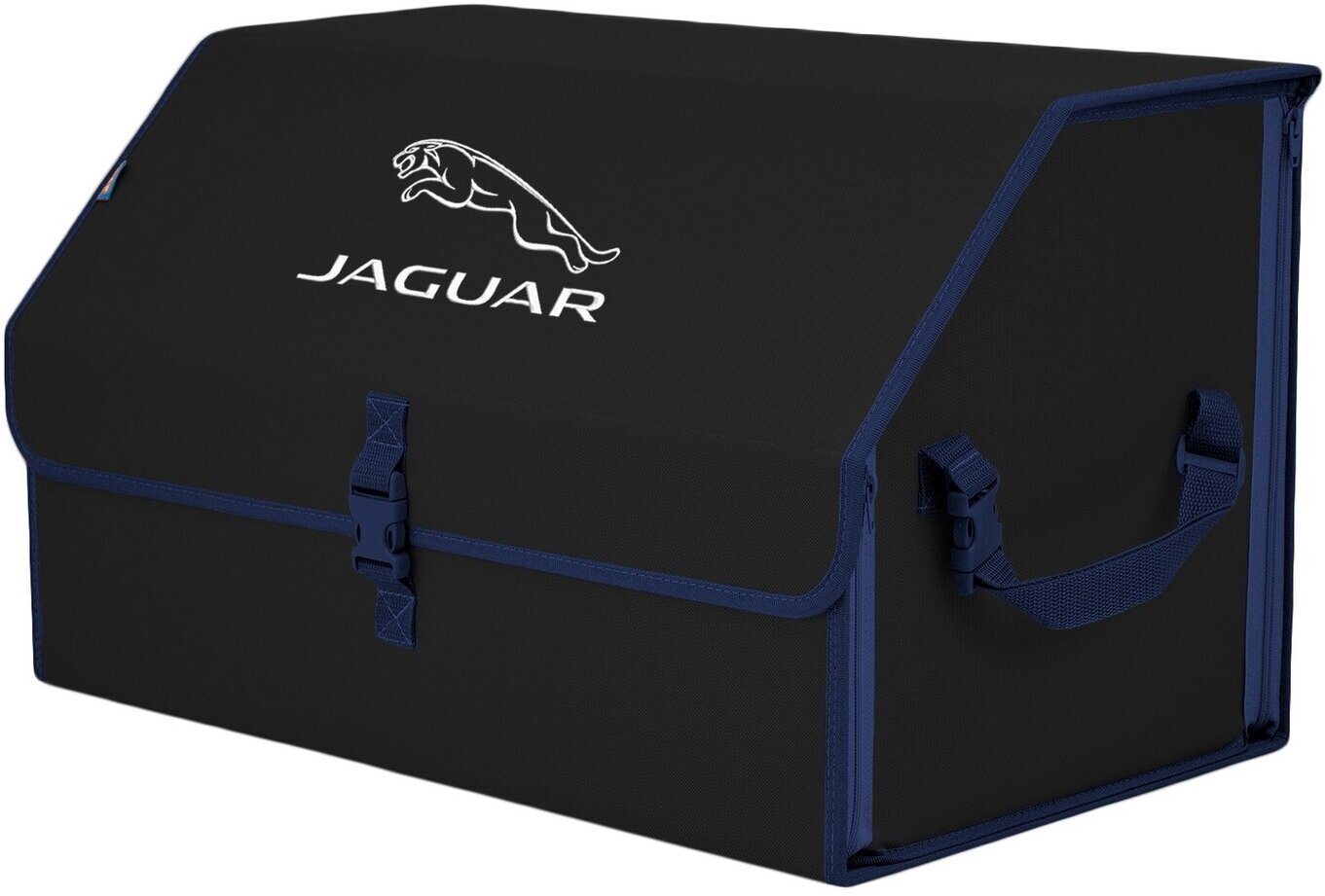 Органайзер-саквояж в багажник "Союз" (размер XL). Цвет: черный с синей окантовкой и вышивкой Jaguar (Ягуар).