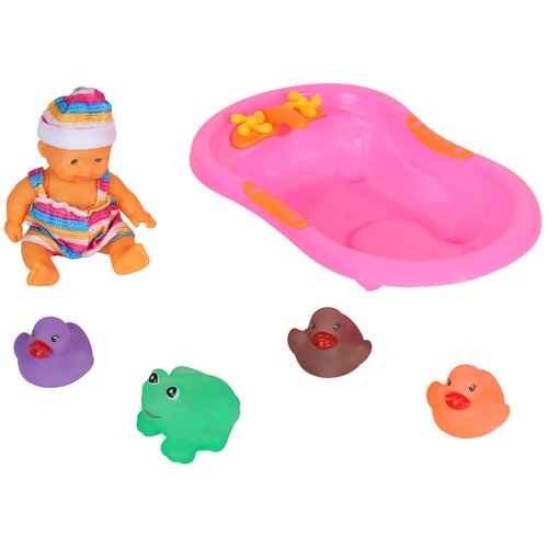 фото Пупс для девочек игрушечный, с игровым набором для купания, кукла для девочек, (пупс, утки, лягушка, ванна), в/п 24*19*8см компания друзей