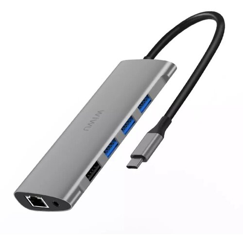 Хаб WiWU Alpha 11 in 1 Type-C to 3 x USB 3.0 + USB 2.0 + Type-C + RJ45 + HDMI + VGA + AUX 3,5mm + Cardreader Adapter Grey хаб wiwu alpha a531h type c to 3 x usb 3 0 1 x hdmi 1 x type c grey alpha 531h